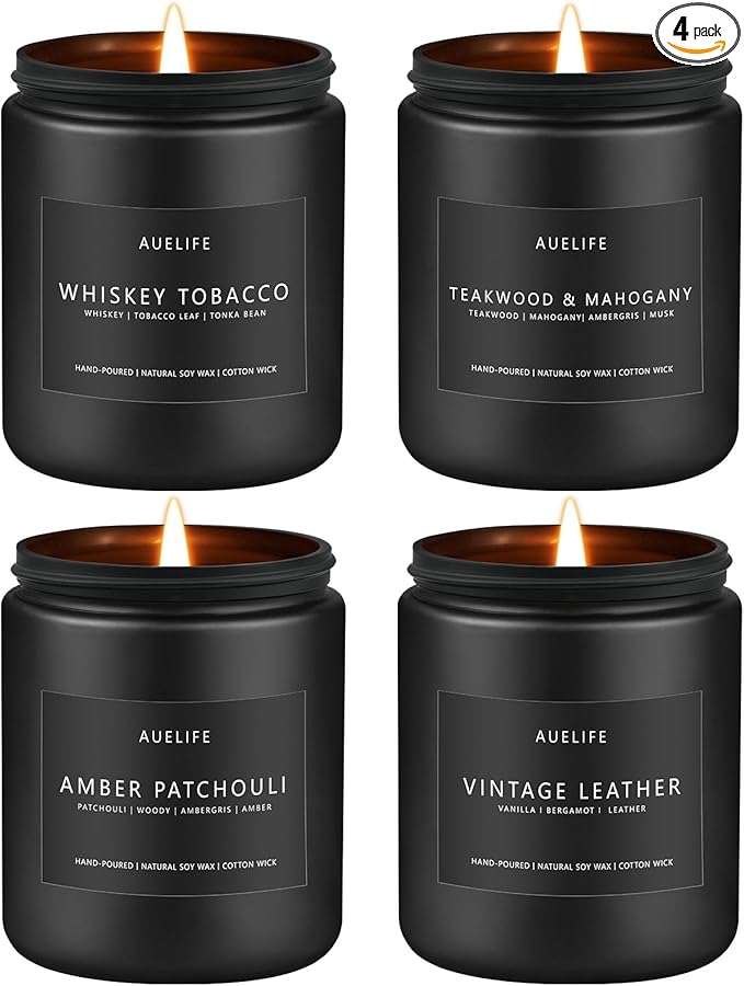 Scented Candles Set | Gifts for Men - 4Pack Masculine Candle, Soy Candles for Home Scented, Aromatherapy Gift for Dad Fathers Day, Home Fragrance of Whiskey Tobacco/Mahogany/Amber Patchouli/Leather