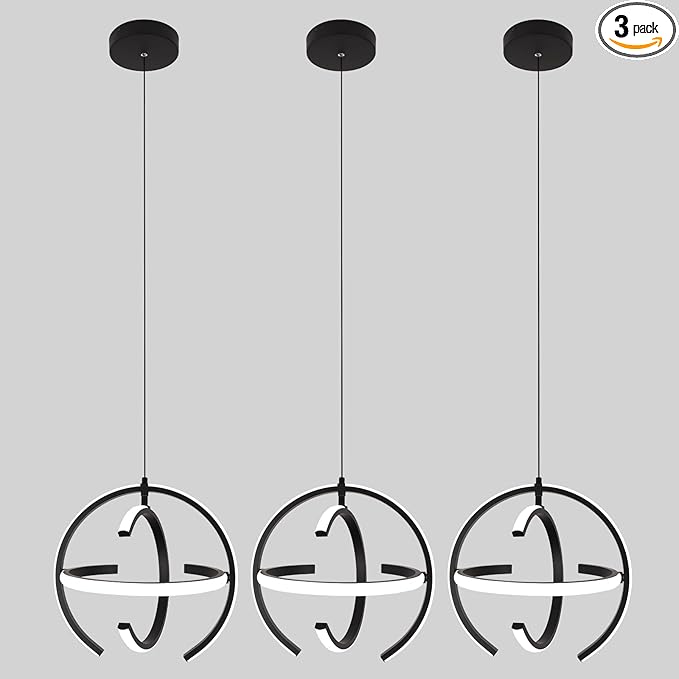Modern Black LED Chandeliers, Dimmable Globe Pendant Lights Fixture, 13.8" Round Metal Hanging Light for Kitchen lsland, Dining Room Bedroom Foyer Hallway Stairway (3-Pack)