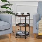 Dulcii Round Side Table with Charging Station, End Table with 3 Shelves for Living Room, Bedroom Nightstand for Small Spaces, Industrial Round Sofa Table with Steel Frame (USB+Rustic Brown)