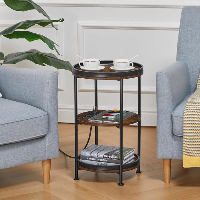 Dulcii Round Side Table with Charging Station, End Table with 3 Shelves for Living Room, Bedroom Nightstand for Small Spaces, Industrial Round Sofa Table with Steel Frame (USB+Rustic Brown)