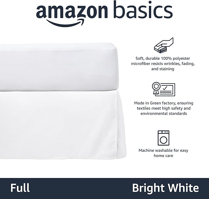 Amazon Basics Lightweight Pleated Bed Skirt, Full, Bright White, Solid