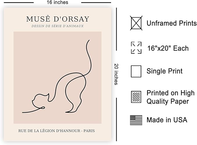 Poster Master Vintage Poster - Retro One Line Cat Drawing Print - Cat Art - Minimal Gift for Men, Women, Animal Lover - Abstract Wall Decor for Home, Office, Bedroom - 16x20 UNFRAMED Wall Art