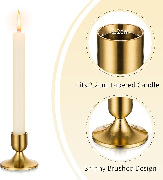 Gold Candlestick Candle Holders for Taper, 2 PCS Romadedi Gold Brass Color Candle Stick Candle Holder for Table Centerpiece, Wedding Reception, Festive Christmas Mantel Decoration or Home Decor