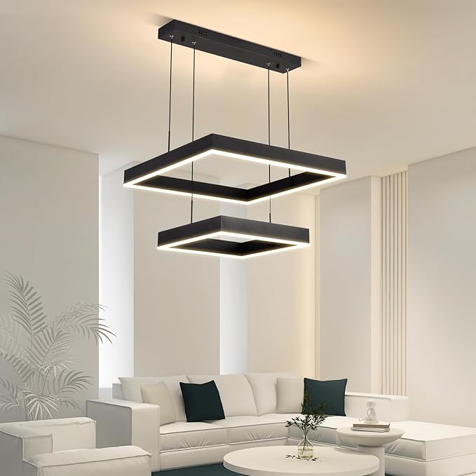 Modern Led Rectangle Chandelier for Dining Room, Dimmable Black Modern Chandelier with Remote, Adjustable Foyer Lighting Fixture