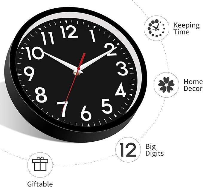 Wall Clock Black Battery Operated 10 Inch Simpel Silent Non Ticking Analog Decorative for Kitchen Bathroom Bedroom Office Living Room School Classroom(Black)