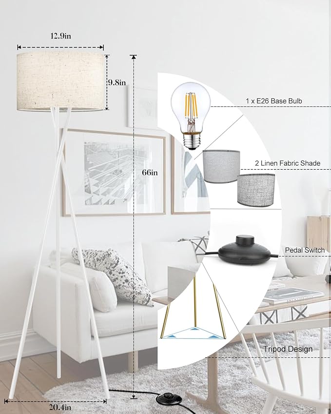 Lightdot White Tripod Floor Lamp, Modern Floor Lamp for Living Room, Standing Lamp with Linen Shade, E26 Bulb Included, 66" Tall Floor Lamp for Bedroom, Home Office