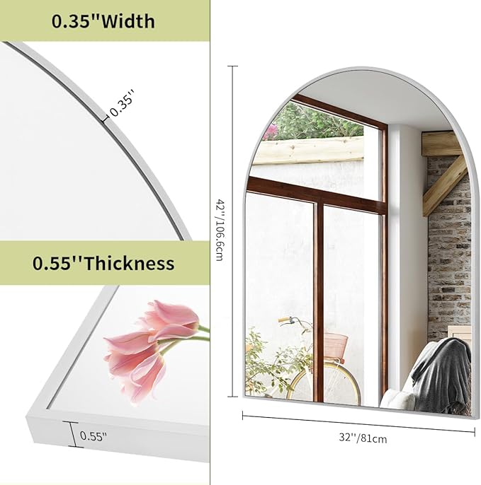 BEAUTYPEAK 32"x42" Arch Bathroom Mirror, Wall Mounted Vanity Metal Frame Mirror for Bedroom, Entryway, Living Room, Silver