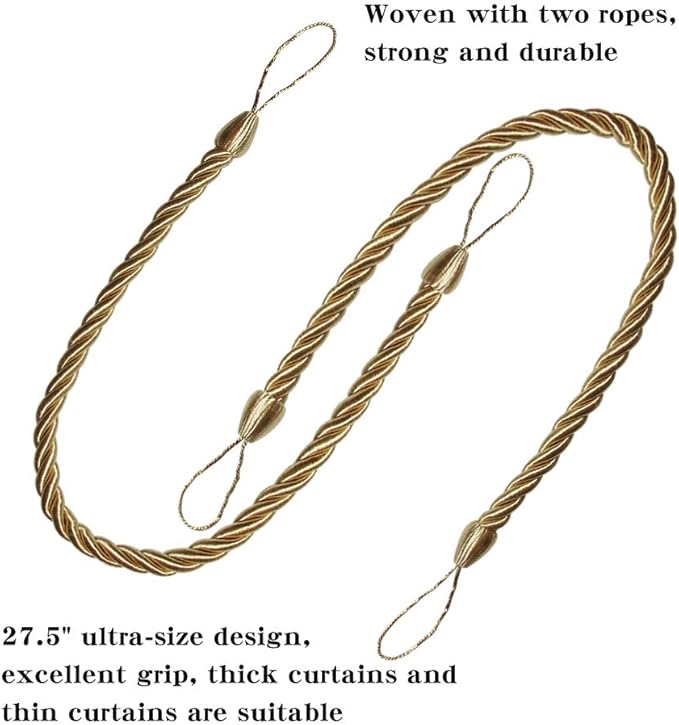 BEL AVENIR Curtain Ropes Tiebacks Tie-Backs, Curtain Handmade Holdbacks with 2 Metal Screw Hooks - Golden 2 Pack