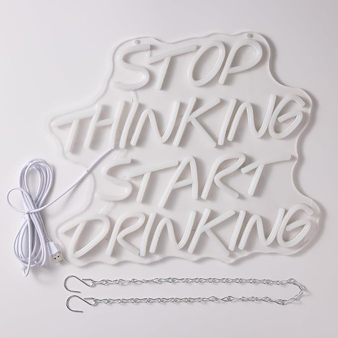 Stop Thinking Start Drinking Neon Sign Pink Led Neon Signs for Wall Decor Neon Lights up Letters for Bar Decor Bar Decorations for Home Led Light Sign for Man Cave decor Party USB Powered (13.38"L x 12.99"W)