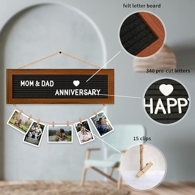 Picture Frames Collage Photo Hanging Display, Felt Letter Board with 340 Letters and 15 Clips, Picture Board Rustic Frames for Wall Dorm Room Decor Christmas Holiday Birthday Party Present