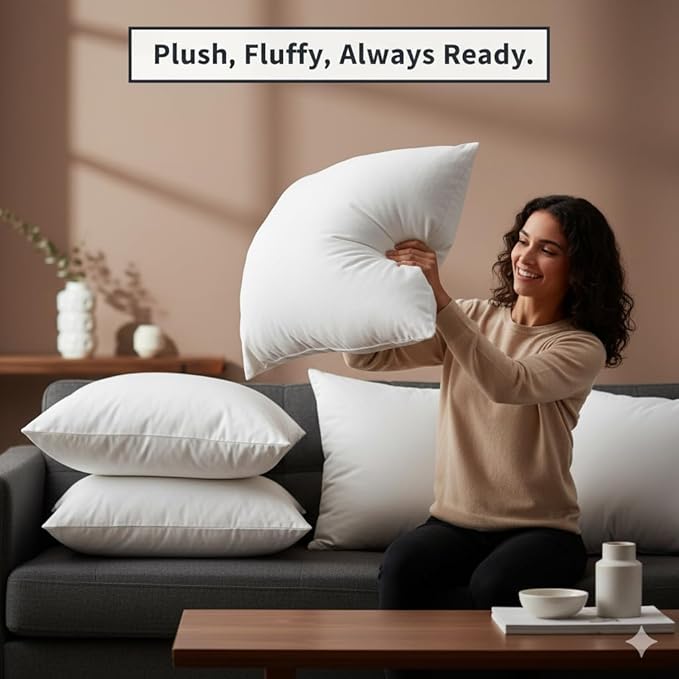 Throw Pillow Inserts, Set of 4 Lightweight Down Alternative Polyester Pillow, Couch Cushion, Sham Stuffer, Machine Washable. (White, 18x18)