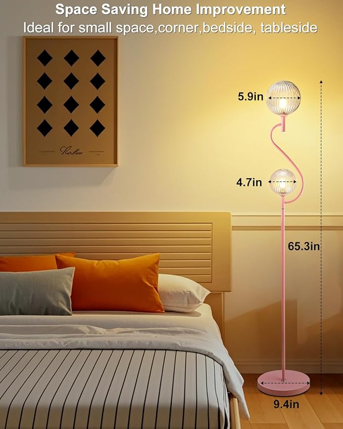 Lightdot Pink Floor Lamp, Mid Century Tall Standing Lamps with Globe Clear Glass Shade Soft Warm White Eye Care 3000K Bulbs Included, Modern Unique Floor Lamp for Living Room Bedroom