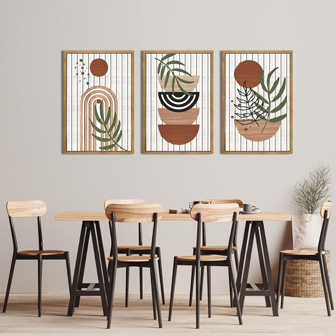 Large Boho Mid Century Wood Wall Art Set Modern Bohemian Wooden Wall Decor Minimalist Leaf Art Decor Abstract Geometric Wall Sculptures for Living Room Bedroom Office-16x24Inchx3