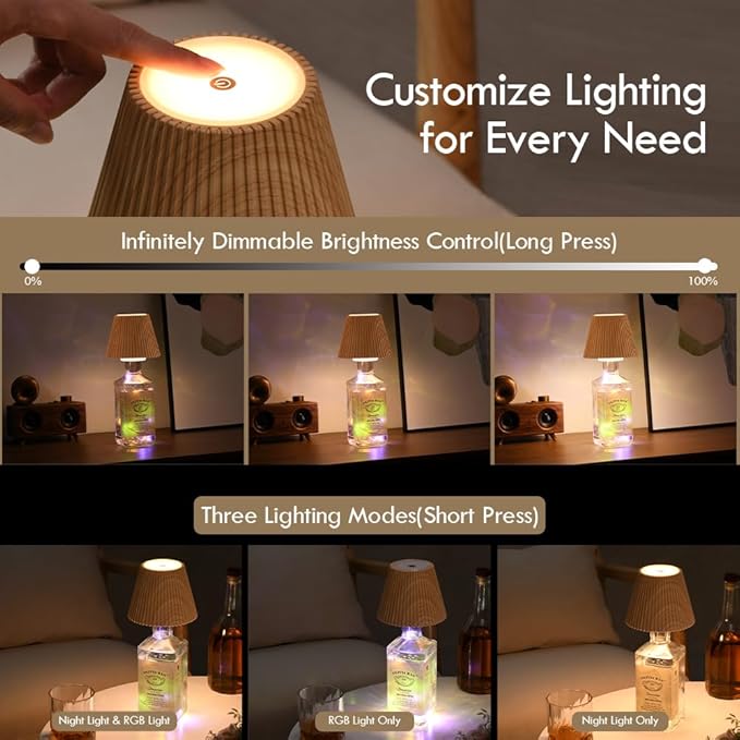 WILIT Wireless Lamp Shades for Table Lamps, 3-Level Brightness Wine Bottles Lamp, Cute Desk Lamps for Bar Decor with RGB Lights for Room, Rechargeable Light, Modern Decorative Lamp, Gifts for Women