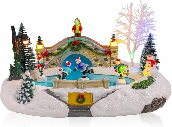 Bdor Christmas Village Lighted Decoration Musical Animated Display Christmas Collectible Skating Battery Operated Indoor Decor