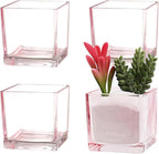 Square Flower Vases Set of 4, 3"x 3"x 3" Glass Vases for Centerpieces, Pink Vase for Flowers, Small Vase for Wedding, Party, Home Office Decoration
