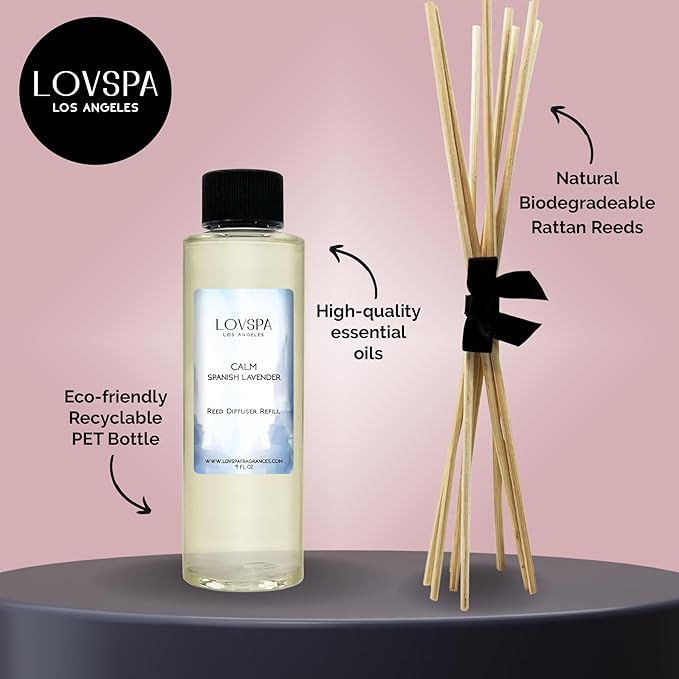 LOVSPA Calm Spanish Lavender Diffuser Oil - Luxury Essential Oils for Diffuser Refill & Air Freshener Room Spray - Long-Lasting & Natural Home Fragrance, Scented Oil for Diffusers, USA Made, 4oz