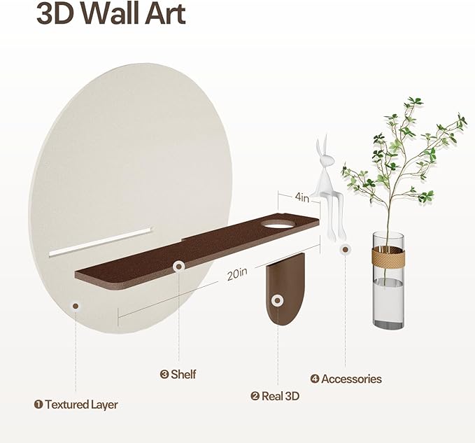 3D Textured Round Minimalist Wall Art with Vase, Neutral Wall Decor with Rabbit Sculpture, Abstract Geometric Artwork with Simulated Plants for Living Room Hallway Dining Room Bedroom Office, 31x24 In