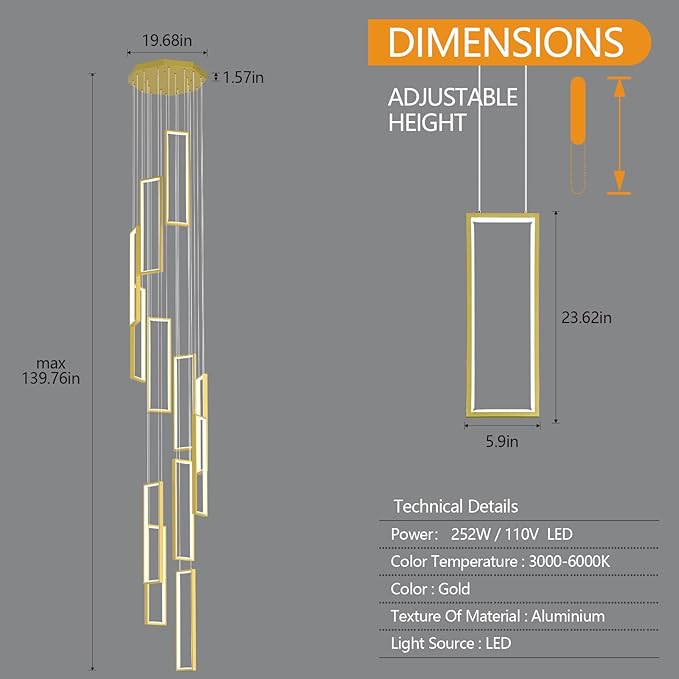 Modern Adjustable Height Pendant Light Fixture Gold 252W LED Pendant Lights 12 Rings Rectangular Chandelier Staircase Large Chandelier Lobby Living Room Foyer High Ceiling Chandeliers