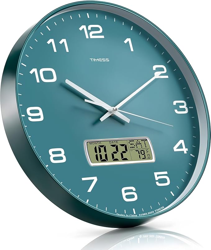 Wall Clock, 13" Dial Non-Ticking Silent Battery Operated Analog with LCD Display for Perpetual Calendar and F° Temperature, Ideal Modern Home, Office Decor (Green)