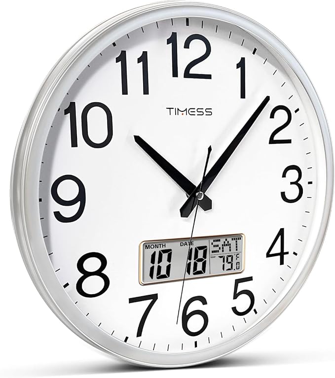 Wall Clock, 11 Inch Non-Ticking Silent Battery Operated Quartz Analog with LCD Display for Perpetual Calendar and F° Temperature, Ideal Modern Home, Bedroom, Kitchen, Office Décor (Sliver)