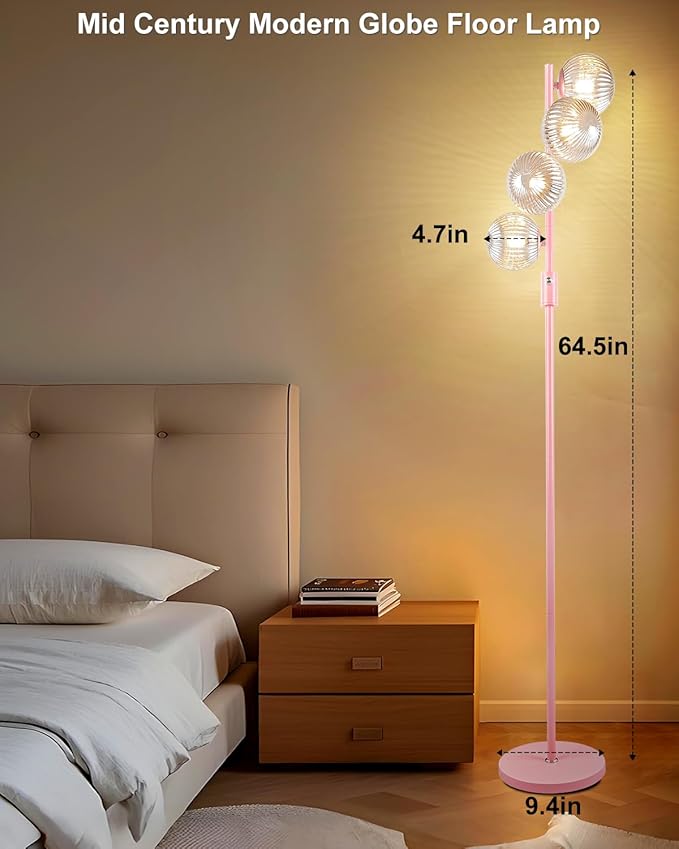 Lightdot 64IN Dimmable Floor Lamp with Globe Clear Glass Shade, Modern Pink Standing Lamps with 4PCS 3000K G9 Bulbs Soft Warm White Eye Care, Mid Century Floor Lamp for Living Room Bedroom