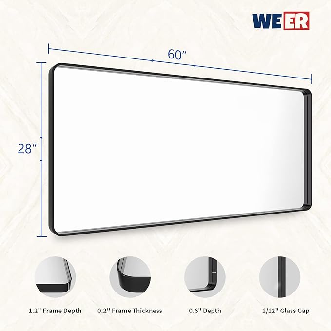 WEER Black Metal Framed Mirror, 60X28 Inch Rectangular Matte Black Wall Mirror for Bathroom, Rounded Corner Black Bathroom Vanity Mirror, Tempered Glass, Anti-Rust, Hangs Horizontal or Vertical
