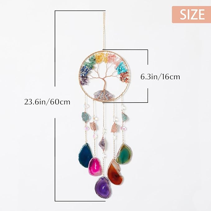 Large Rainbow 5 Agates Gemstone Dream Catcher Tree of Life Chakra Dream Catchers with Healing Crystal Handmade Muti-Colored Dreamcatcher Wall Decor for Adults Boys Girls,Bedroom,Garden,Bless Gift