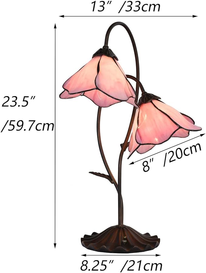 Bieye L10811 Flower Tiffany Style Stained Glass Table Lamp with 8-inch Wide Bent Glass Lampshade Lily Pad Base (2-Light, Pink)