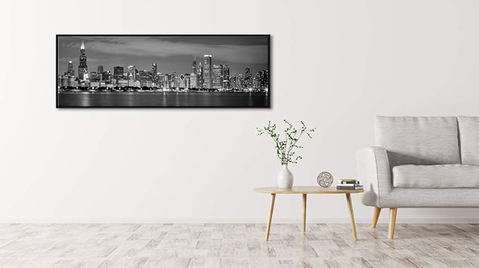 Wieco Art Framed Wall Art Chicago City Center Skyline Black and White Wall Decor Canvas Prints Modern Cityscape Wall Decorations for Living Room Pictures for Bedroom Decorations
