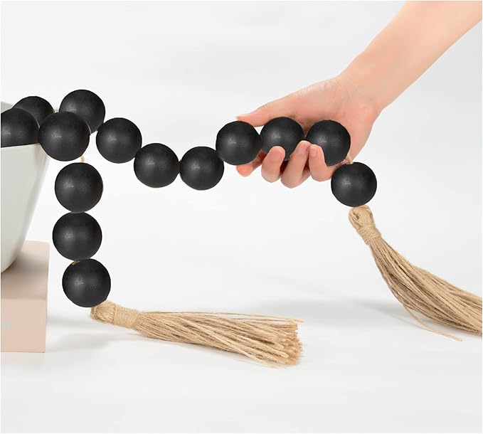 OMISHE 60" Long Extra Large Wood Bead Garland with 1.6" Diameter Wooden Beads and Tassels, Rustic Farmhouse Country Decorative Beads for Home Decor Tiered Tray Decor, Black