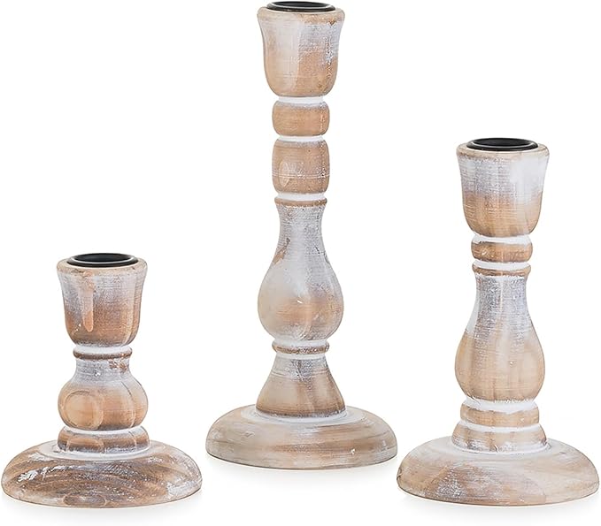 NUPTIO Taper Candle Holders Wood: Set of 3 Rustic Wooden Candlestick Holder - Vintage Candles Stick Candleholder for Fall Thanksgiving Christmas Fireplace Table Decor