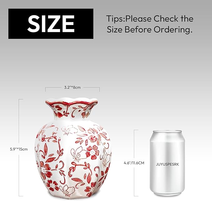 Chinoiserie Vase,6 inch Red and White Vase,Vintage Ceramic Vases,Flower Vase for Centerpiece,Chinese Cute Vases for Living Room, Office,Home Decor (Red White, Small)