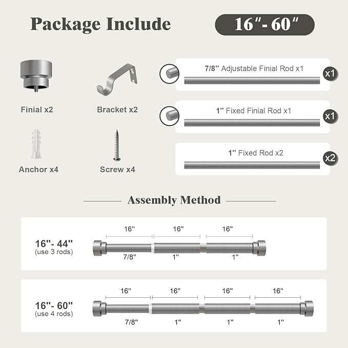 Oneach Silver Curtain Rods for Windows 28 to 48 Inch, 1 Inch Pole Adjustable Length Heavy Duty Metal Curtain Rod Set, for Outdoor Bedroom Kitchen Living Room (16 to 60 Inch)