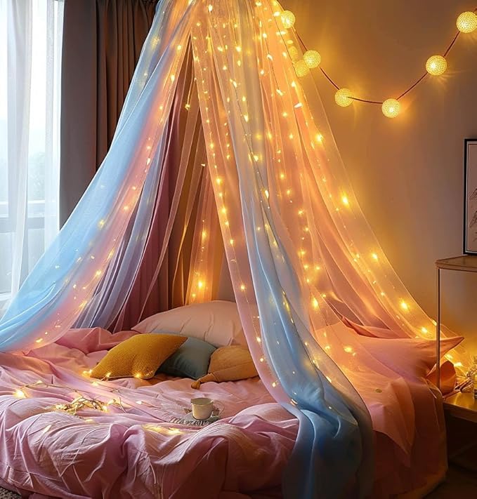 Comtelek Mosquito Net Bed Canopy for Girls,Rainbow Canopy with LED Lights Bed Curtains Full Queen Size from Ceiling,Dome Mosquito Netting Bed Tent Twin Girls Princess Canopy King Bed Decor