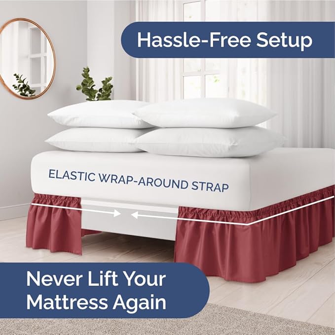 Wrap Around Dust Ruffle Bed Skirt - Burgundy - for King Size Beds with 18 Inch Drop - Easy Fit Elastic Strap - Adjustable Pleated Bedskirt w/Brushed Fabric Wrinkle Free - for Women, Men, Kids & Teens