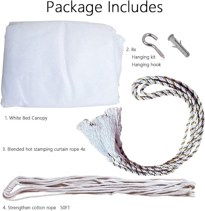 Bed Canopy, Canopy Bed Curtains Bed Drapes for Full Queen King Size Bed Mosquito Net Bed Canopy Curtains for Patio Indoor Outdoor Room Decor Screen Netting Canopy Curtains White