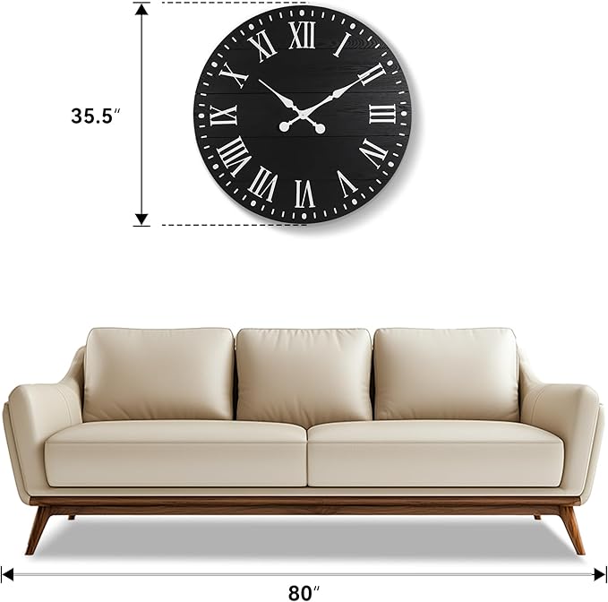 35" Large Wall Clock, Shiplap Wall Clock with Roman Numeral Nearly Non-Ticking Farmhouse Round Wall Clocks for Living Room Decor, Office, Bedroom, Entrance, Black