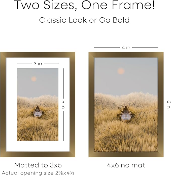 Homeforia 4x6 Picture Frame Bronze, High End Metal 4 x 6 Brass Frames with Mat 3 x 5 for Art, 4x6 Desk Frame Matted to 3x5 inch Photo, 4 by 6 Wall or Tabletop Frame, Tempered Glass, Wall Kit, Set of 1