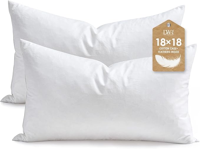 DWR Set of 2 Feather Down Throw Pillow Inserts 12x20 with Organic Cotton Cover, Feather Rectangular White Decorative Pillow Inserts for Bed, Sofa, and Couch