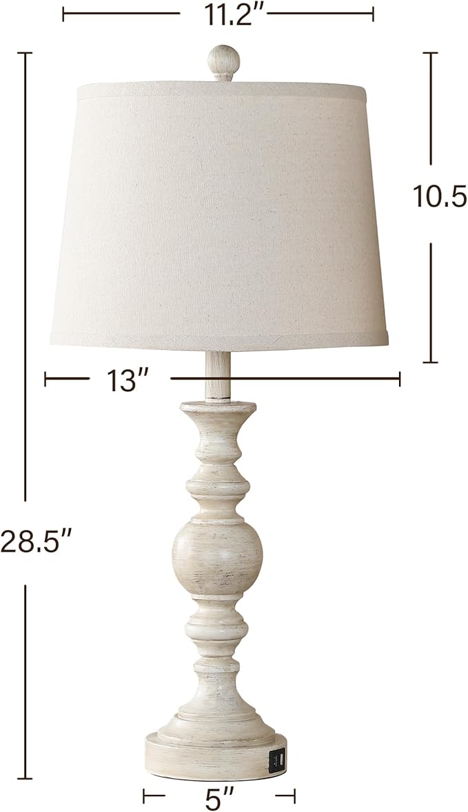 Farmhouse Lamp for Bedroom Set of 2, Rustic Table Lamp with Dual USB Charging Ports, 28" Tall Table Lamps with Linen Shade for Living Room, Bulb Not Included