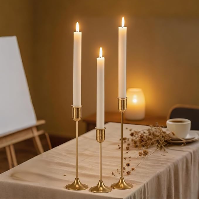Brass Gold Candle Holder - 3 PCS Taper Candlestick Holders - Vintage Candle Stick Holders - Modern Home Decor Centerpiece - Cozy Atmosphere Gift for Home Decor, Wedding, Housewarming Gift