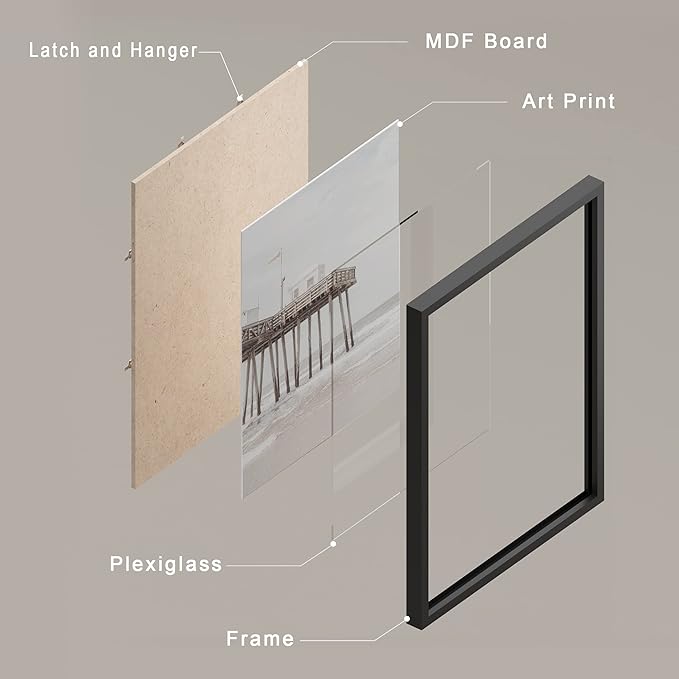 SIGNWIN Framed White Minimalist California Ocean Beach Seashore Pier Wall Art, Set of 4 Landscape Colorful Wall Decor Prints, Nature Wilderness Wall Décor for Living Room, Bedroom - 11"x14" Black