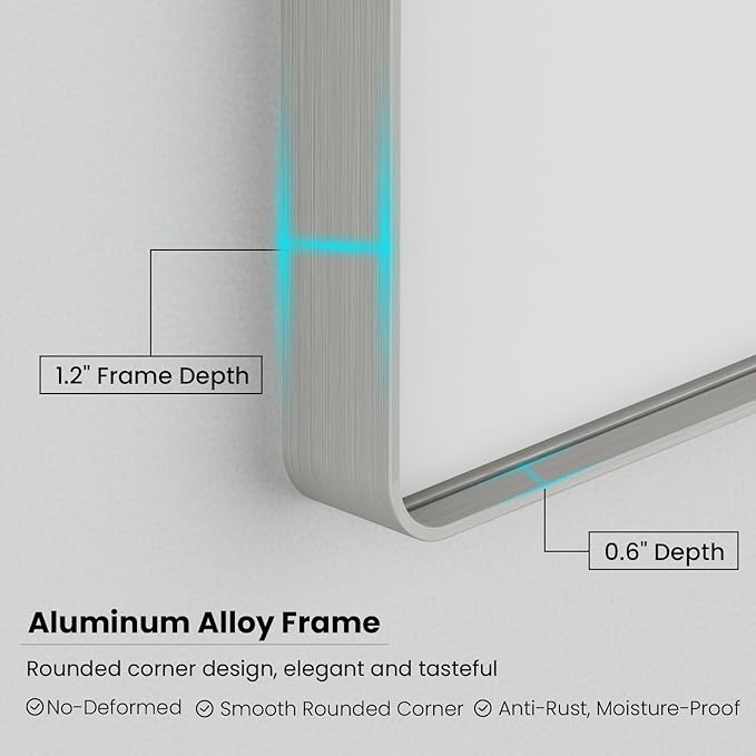Brushed Nickel Bathroom Mirror 48x32 Inch, Brushed Silver Metal Frame Mirror Wall Mounted, Rounded Rectangle Bathroom Vanity Mirror, Tempered Glass, Anti-Rust, Horizontal/Vertical