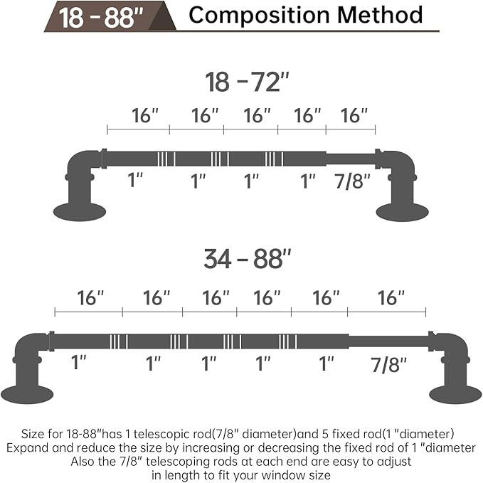 Industrial Curtain Rods 18 to 88 in,Wrap Around Rods, Adjustable Curtain Pole,1 in Diameter Pipe Wall or Ceiling Mounted,for Living Room(Brushed Crimson Black18” to 88”)