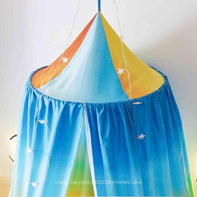 Rainbow Print Kids Bed Canopy, Girls Princess Canopy Dreamy Room Decor, Soft Hanging Reading Nook Play Tent Canopy, Extra Large Full Size with String Light