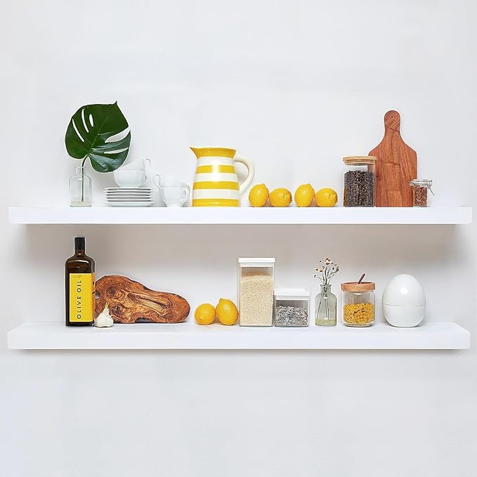 Homeforia Floating White Shelf 60 inches, High End Solid Real Wood 60inch Long Floating Shelves for Wall Mounted, White Wooden 60in Floating Shelves, Heavy Duty Bracket, 60 X 6.5 X 1.75 inch, Set of 2