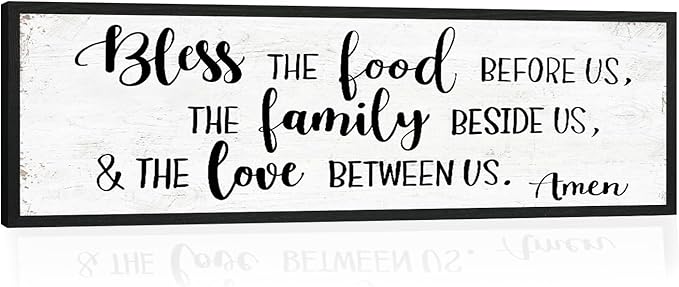 Bless the Food Before Us Wall Decor: Farmhouse Rustic Kitchen Signs Wall Decor Framed Hanging Wall Plaques 12" x 40",Inspirational Quotes The Family Beside Us Signs