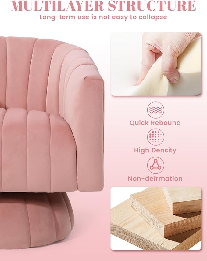 Kromax Swivel Accent Chair, Mid Century 360 Degree Barrel Chair with Armrest, Overstuffed Tufted Velvet, Ideal for Living Room, Bedroom, Reading Room, Light Pink