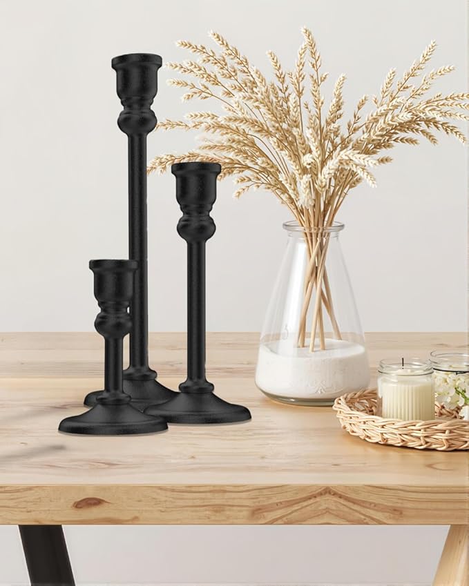 3-Piece Metal Candle Holders Set - Heavy Duty Alloy Taper Candlesticks for Table Centerpiece, Christmas, Dinner Party, Vintage Home Decor - 5-7.5 -10.3Inch Tall, Antique Gold Finish (Black)